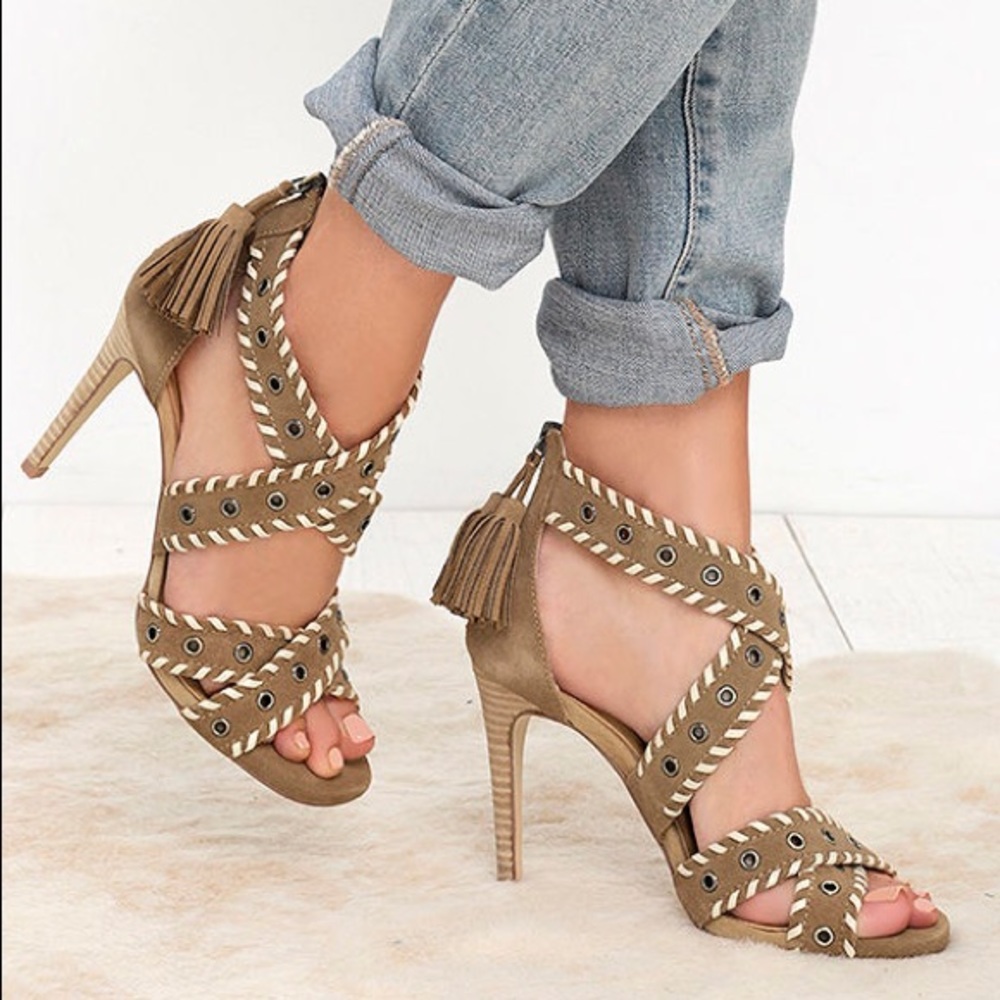 South West Camel Suede Leather High Heel Sandals